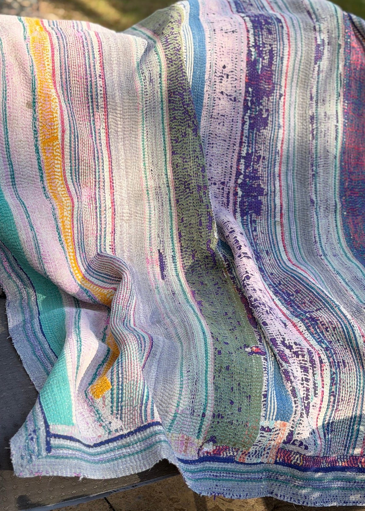 Theodora Reversible Kantha Quilts. Blue, Green, Pink Set of 3
