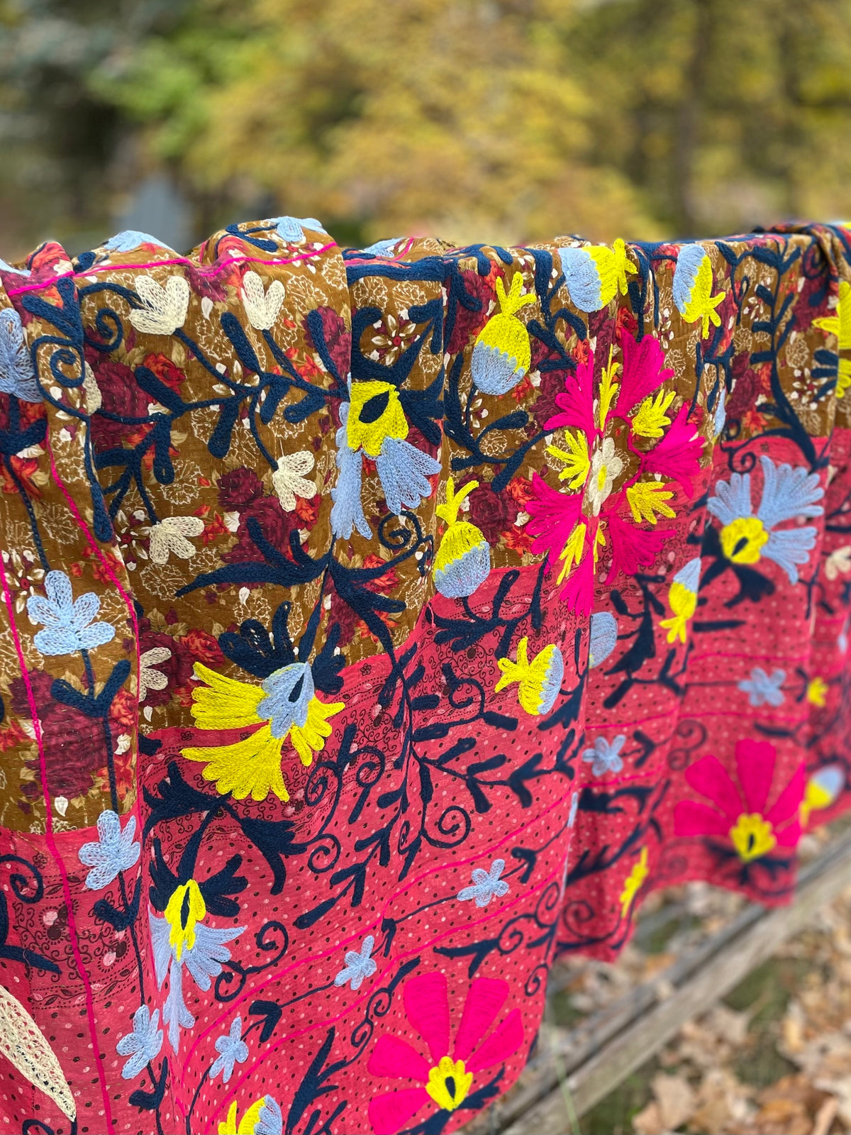 Rowena Reversible Embroidered  Kantha Quilt. - Pink Flower