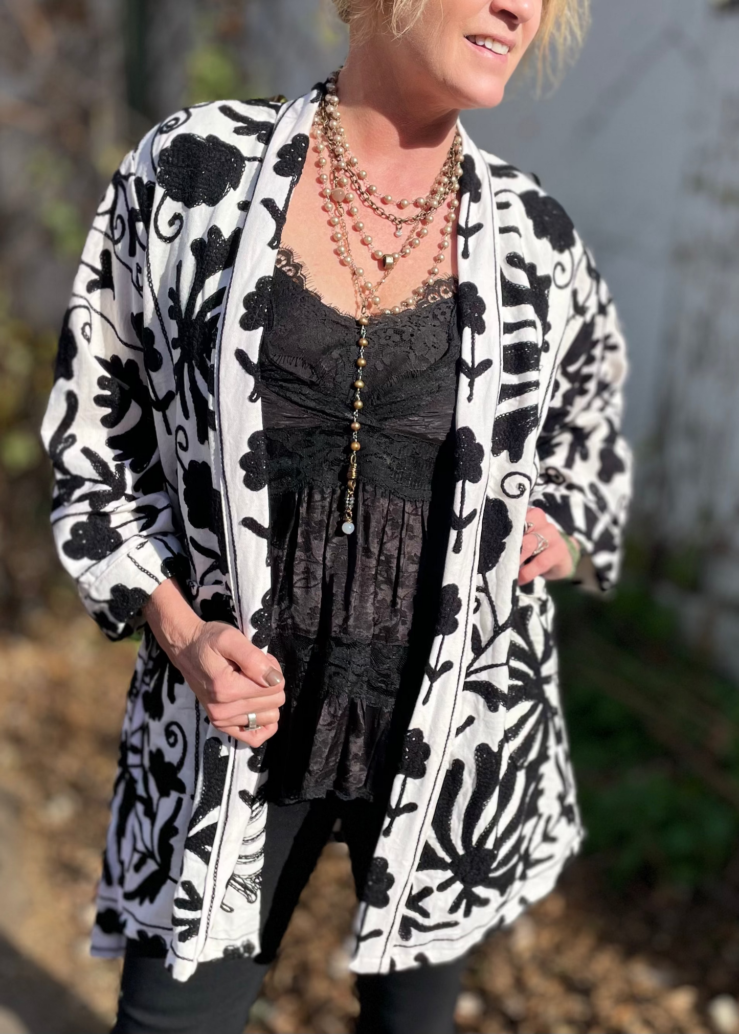 Hand Embroidered Suzani Robe - Black and White