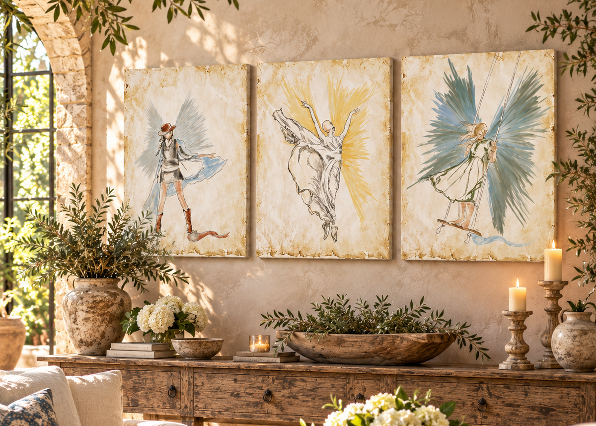 Three vertical canvas art prints depicting stylized winged angel figures, displayed in a warm, rustic living room setting above a wooden console table with candles and plants.