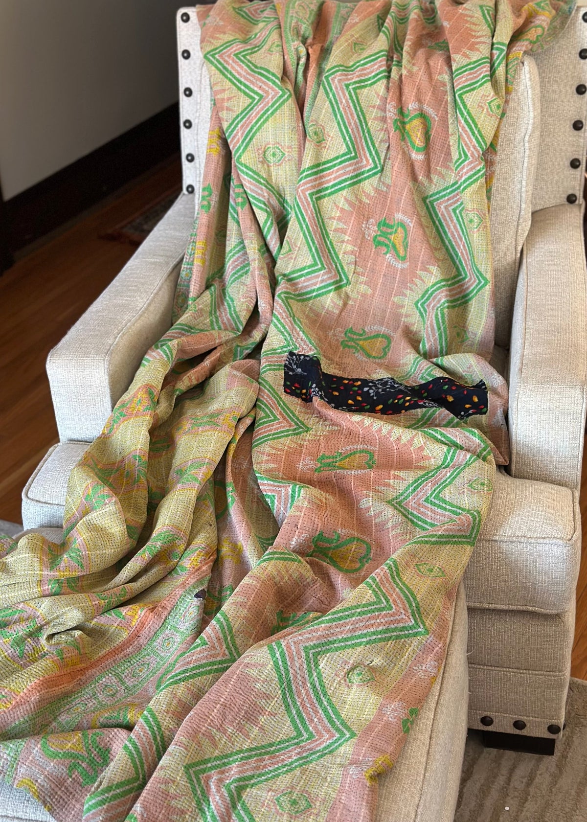 Theodora Reversible Kantha Quilts. Pastel/Blue Set of 3.