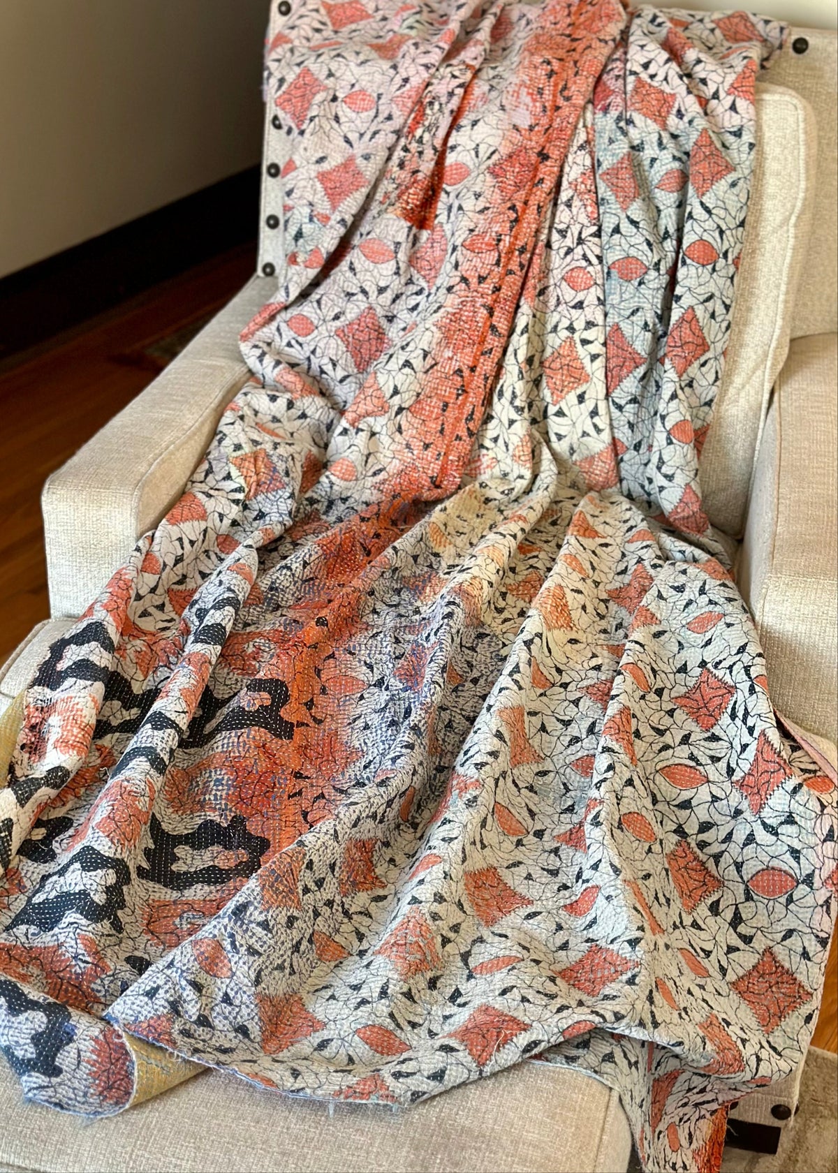 Theodora Reversible Kantha Quilts. Pastel/Blue Set of 3.
