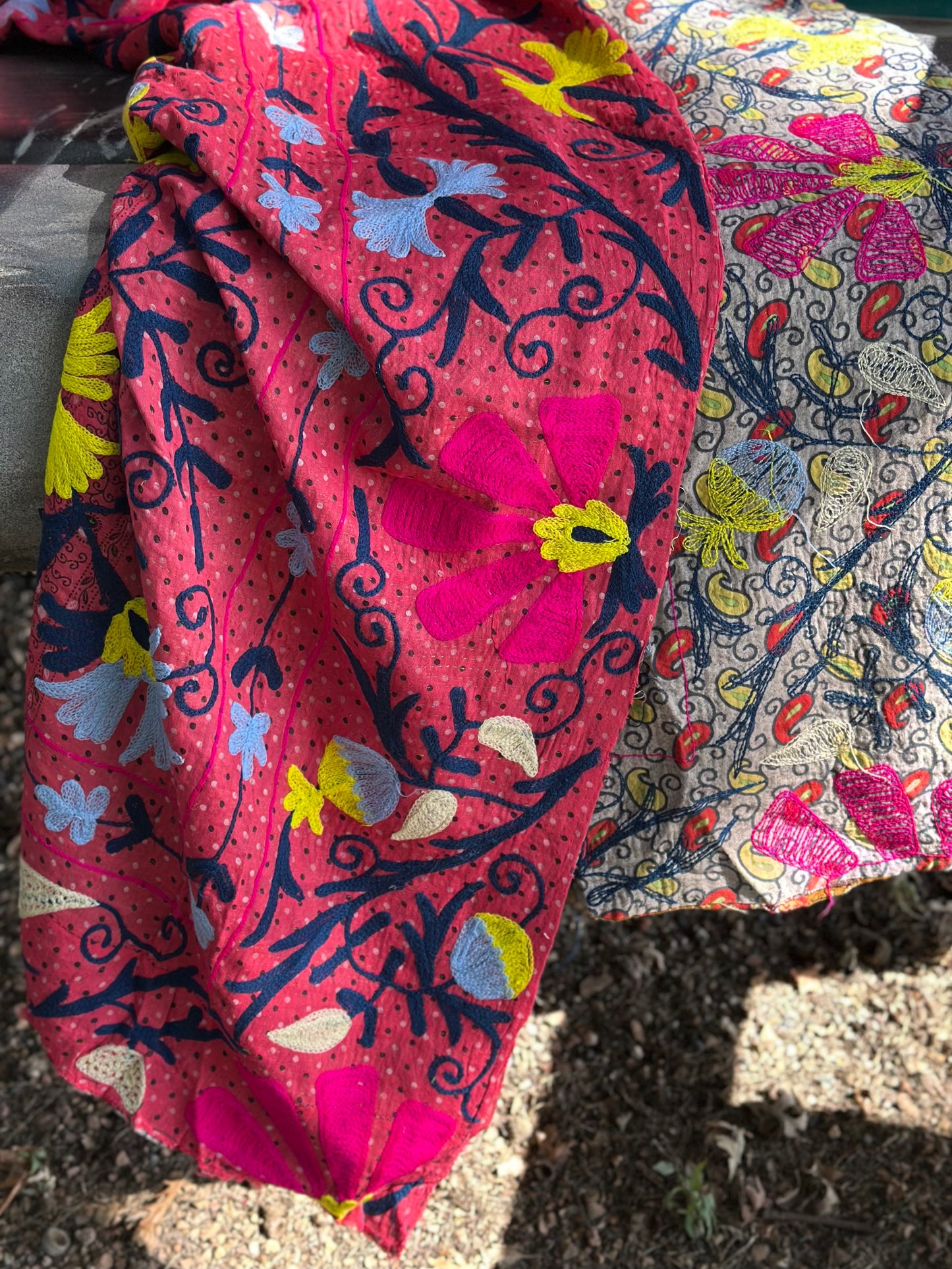 Rowena Reversible Embroidered  Kantha Quilt. - Pink Flower