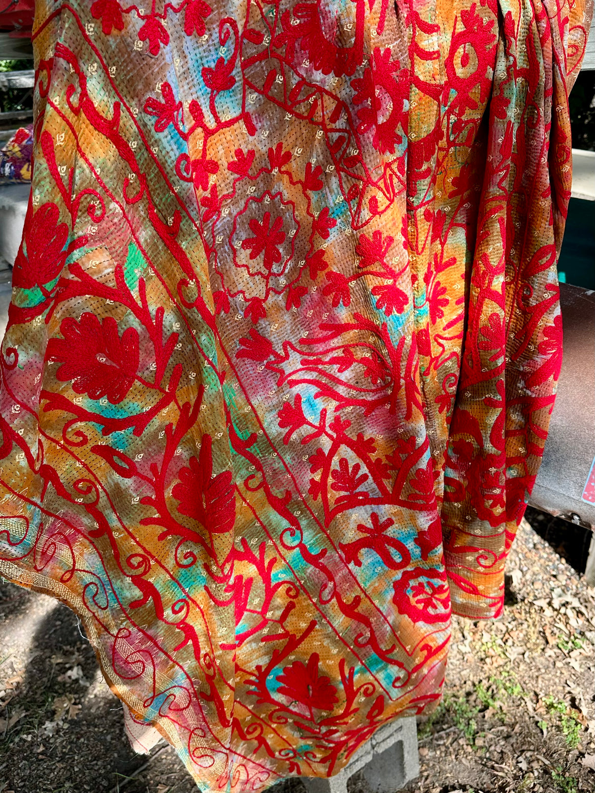 Rowena Reversible Embroidered  Kantha Quilt. - Red Rust Teal