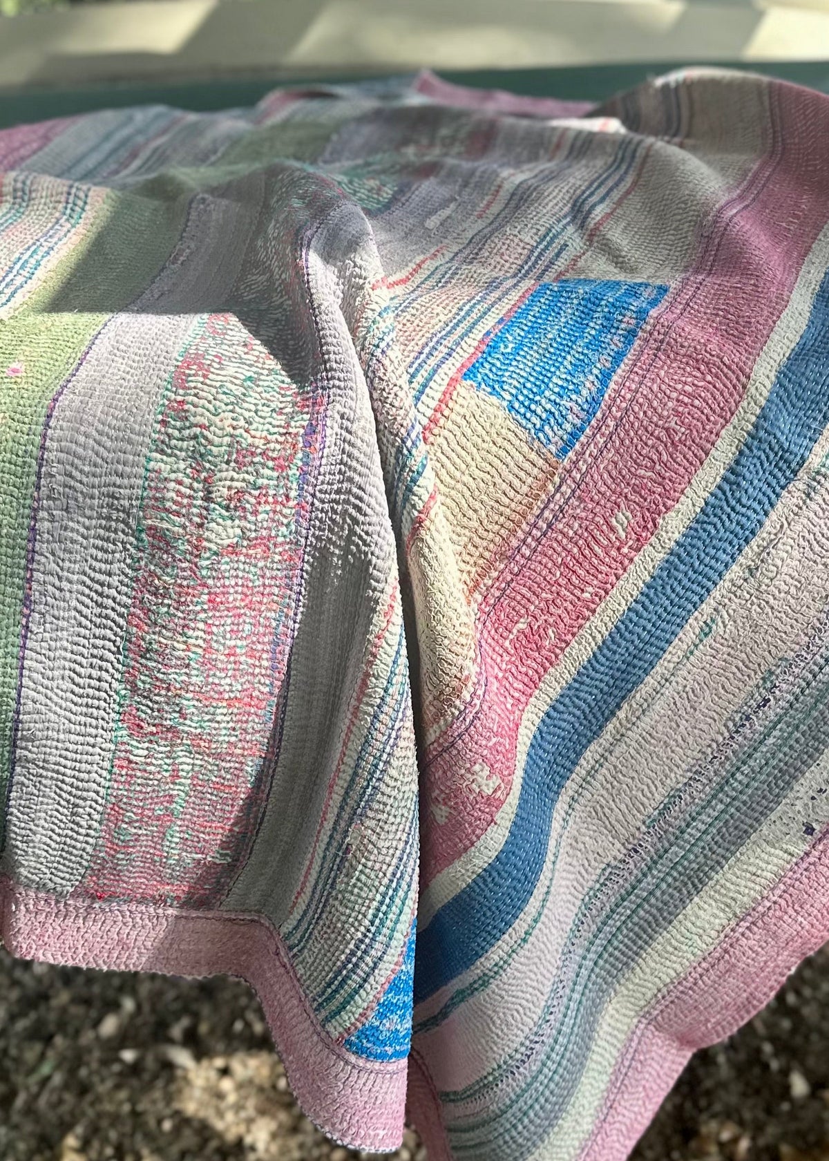 Theodora Reversible Kantha Quilts. Blue, Green, Pink  Set of 3
