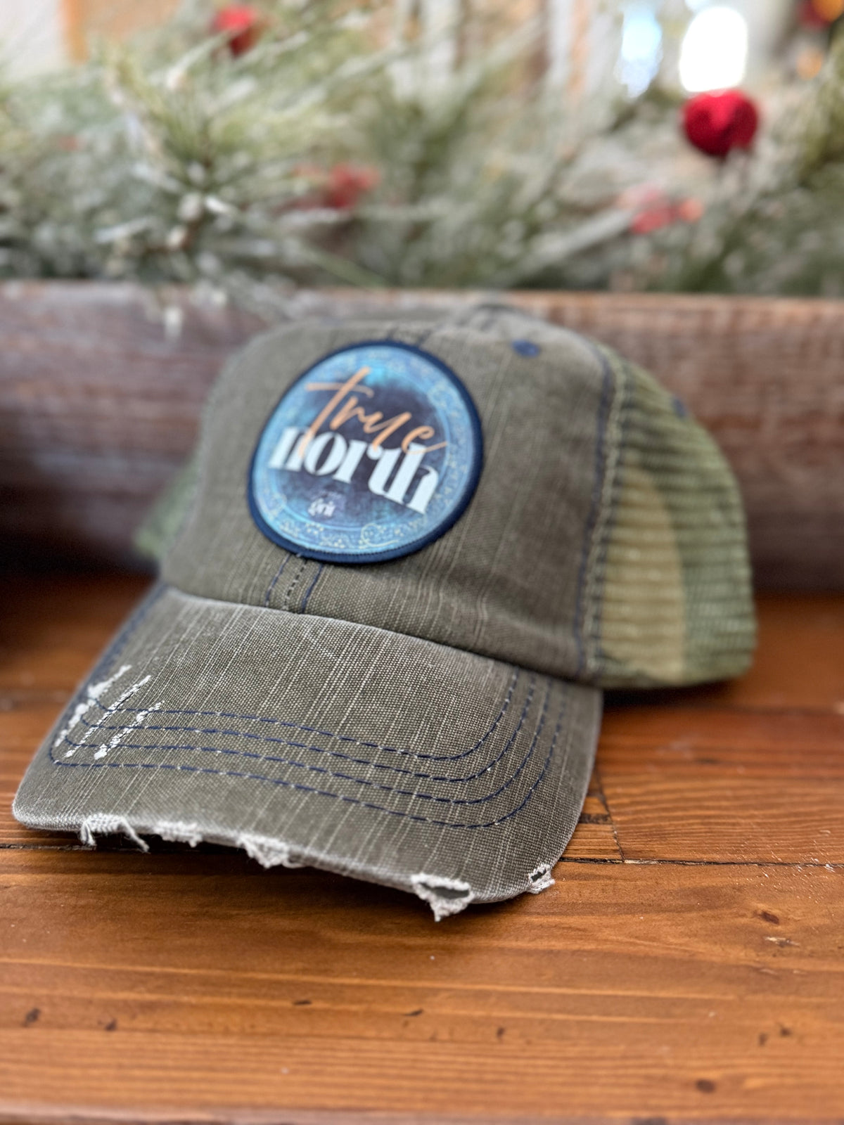 Distressed Trucker Hats - Vintage Cotton, Unstructured, Washed, Velcro Closure, Patches with Inspiring Messages - True North
