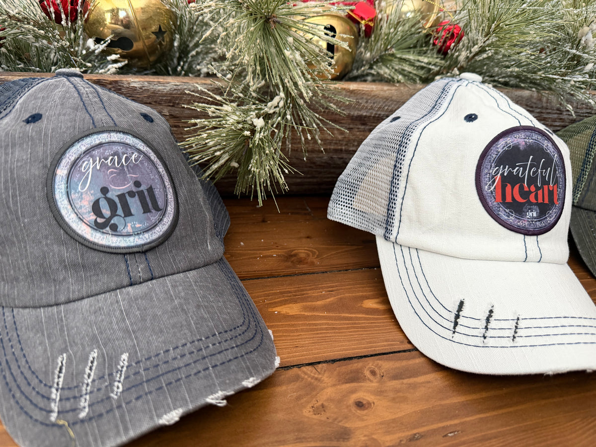 Distressed Trucker Hats - Vintage Cotton, Unstructured, Washed, Velcro Closure, Patches with Inspiring Messages Grateful Heart
