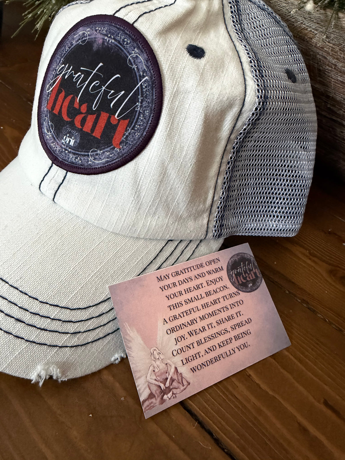 Distressed Trucker Hats - Vintage Cotton, Unstructured, Washed, Velcro Closure, Patches with Inspiring Messages Grateful Heart