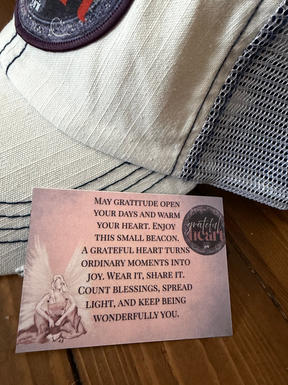 Distressed Trucker Hats - Vintage Cotton, Unstructured, Washed, Velcro Closure, Patches with Inspiring Messages Grateful Heart