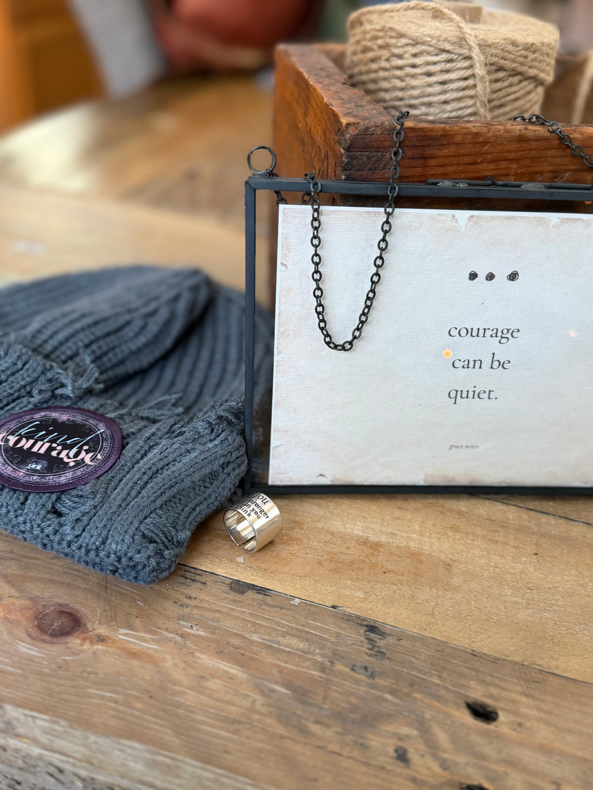 Kind Courage Gift Box – Winter Beanie, 7×5 Hanging Art & “Stronger Than You Think” Ring
