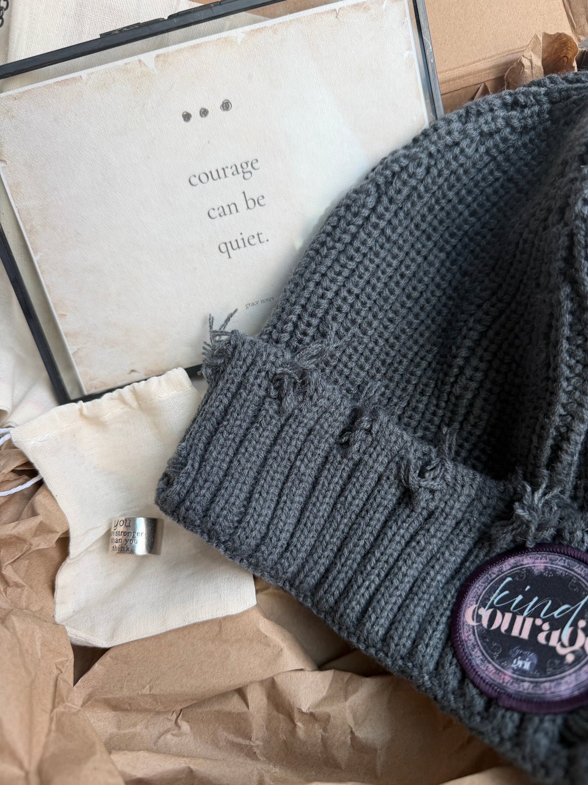 Kind Courage Gift Box – Winter Beanie, 7×5 Hanging Art & “Stronger Than You Think” Ring