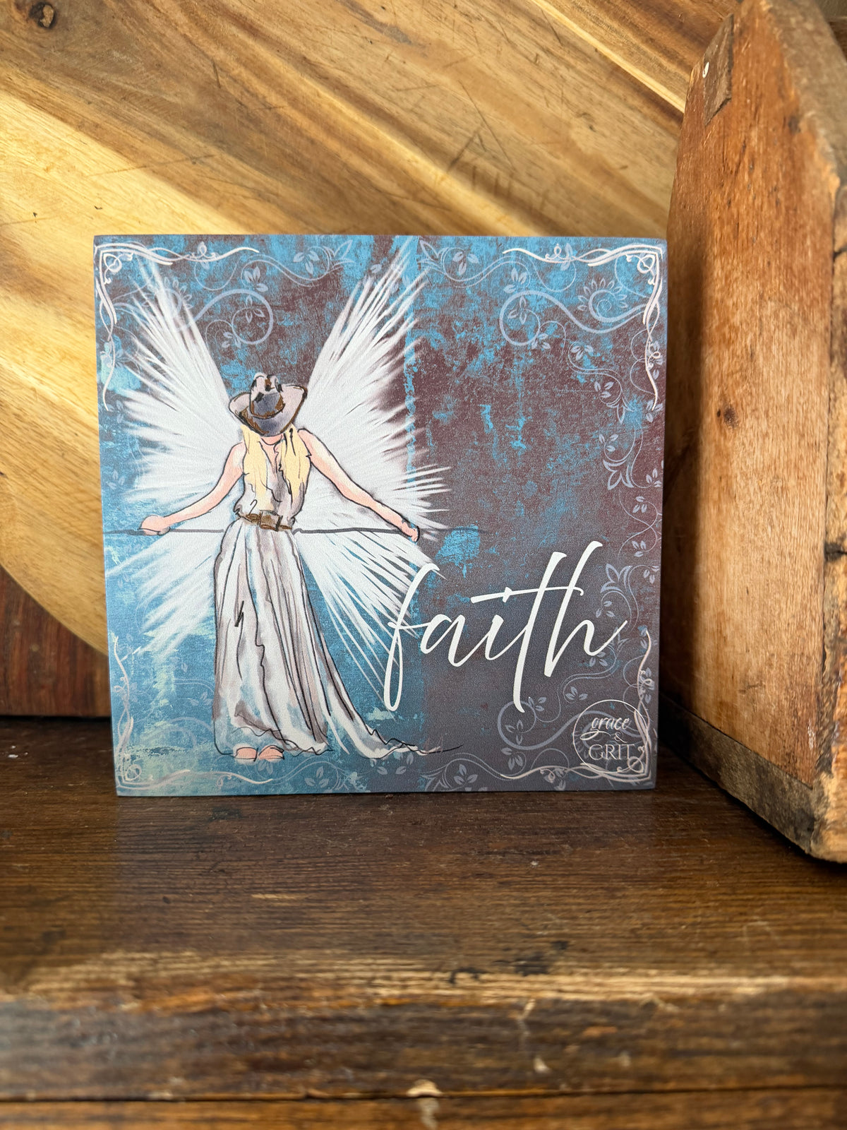 Faith 7x7 Composite Wood Art Sign – Cowgirl Angel