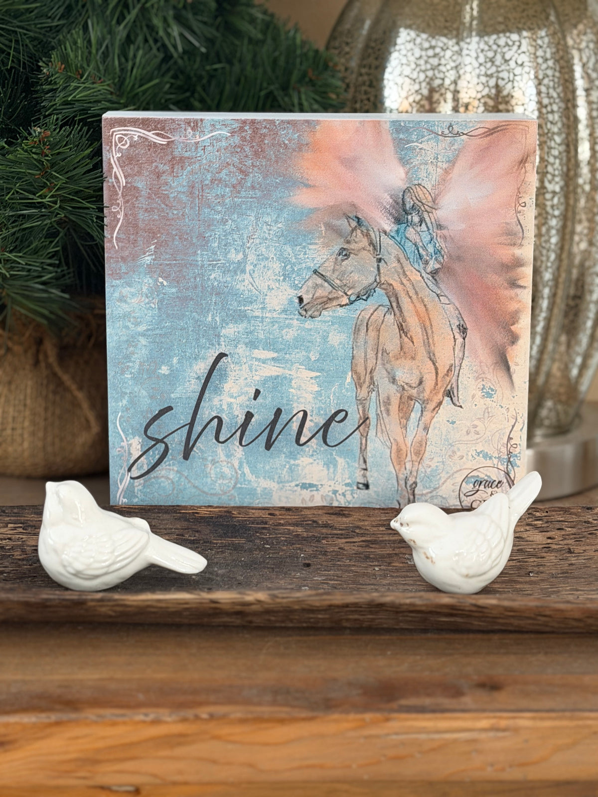 Shine 7x7 Composite Wood Art Sign – Angel on Horse
