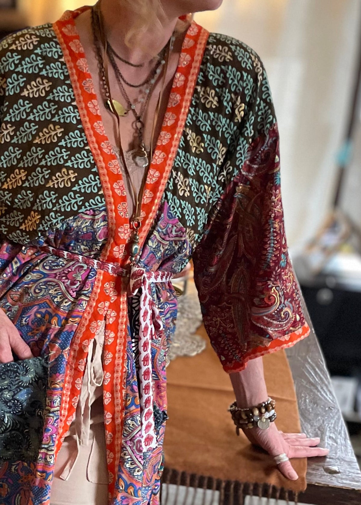 Topangea Silk Sari Robe. Red/Teal