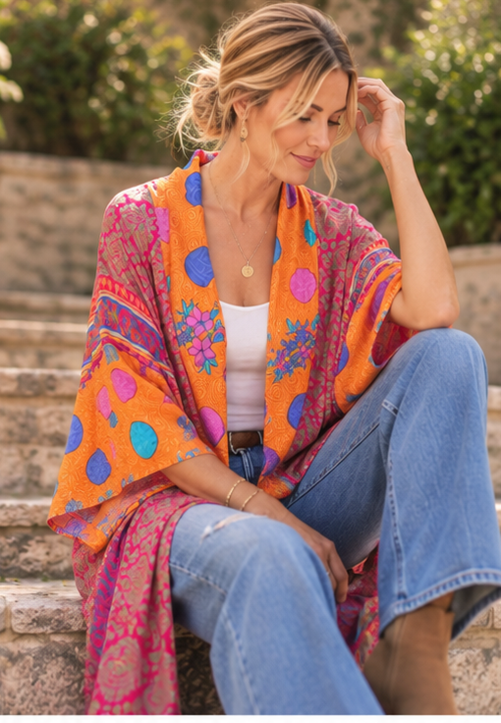 A woman sitting on outdoor stone steps wearing a bright orange open-front cardigan with colorful abstract circular patterns and blue jeans.