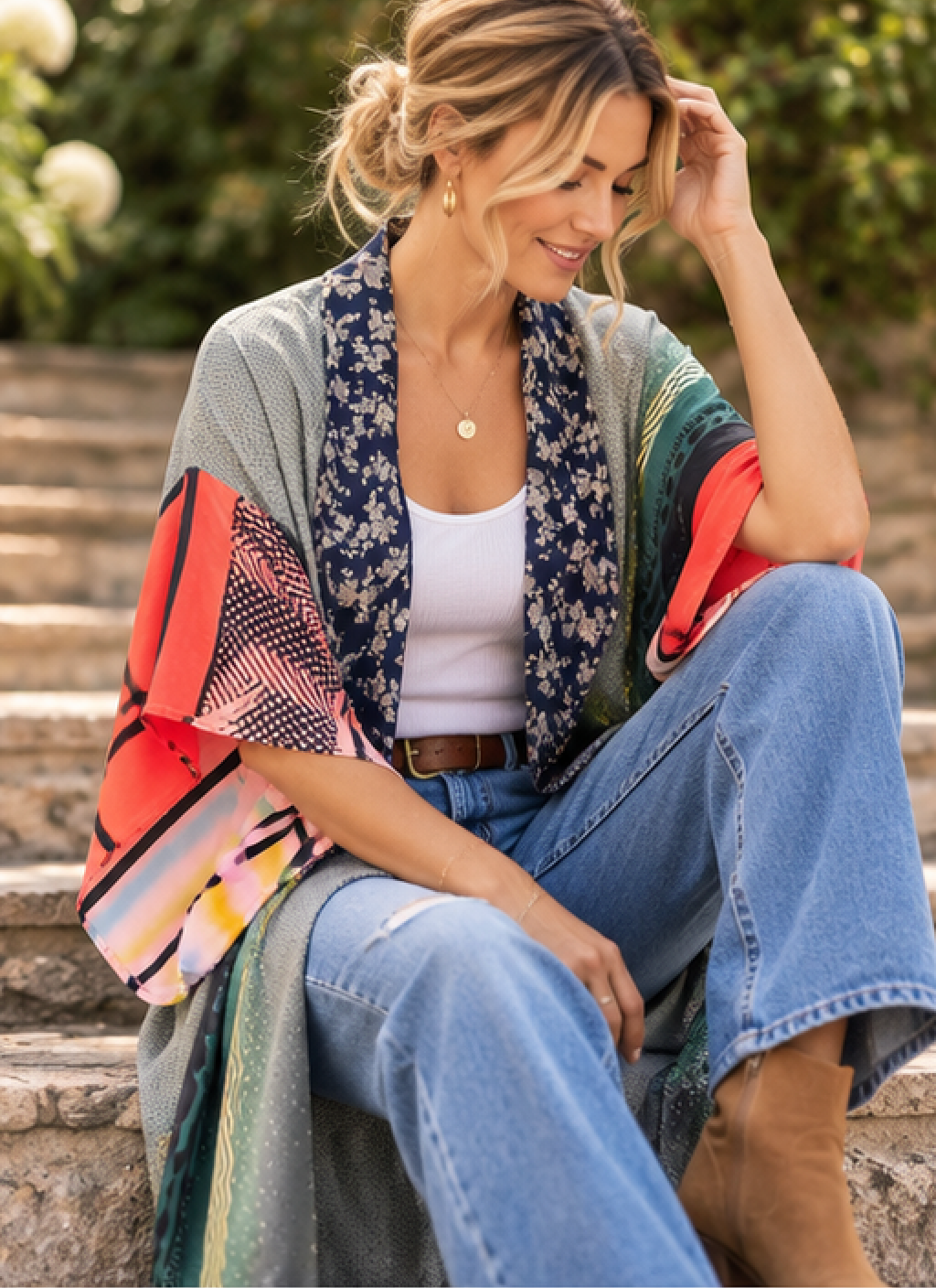 A woman sits on outdoor stone steps wearing a lightweight open-front cardigan with a multicolor patterned design, featuring a navy floral collar, a gray knit body, and bright coral, pink, green, and orange panels. She is also wearing blue jeans, a white tank top, and brown ankle boots.