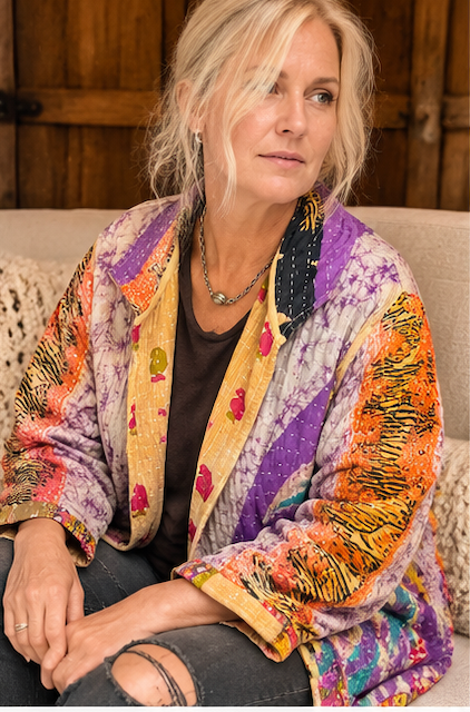Wanderer Reversible Kantha Robe Button Front - Purple & Blue