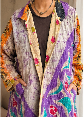Wanderer Reversible Kantha Robe Button Front - Purple & Blue