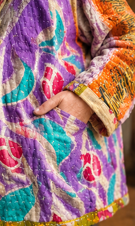 Wanderer Reversible Kantha Robe Button Front - Purple & Blue