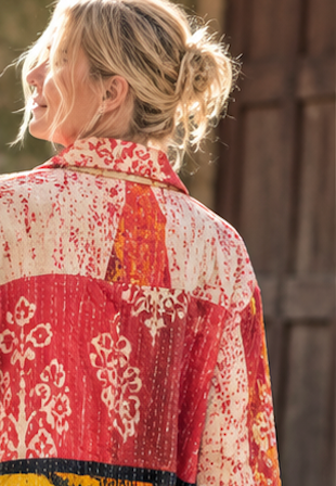 Wanderer Reversible Kantha Robe Button Front - Red & black