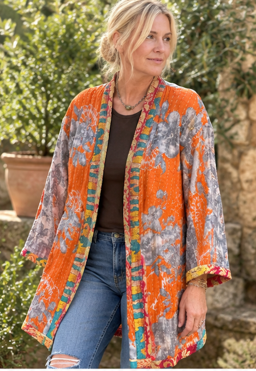 Vintage Kantha Jacket – Reversible Bohemian Robe - Orange & Grey