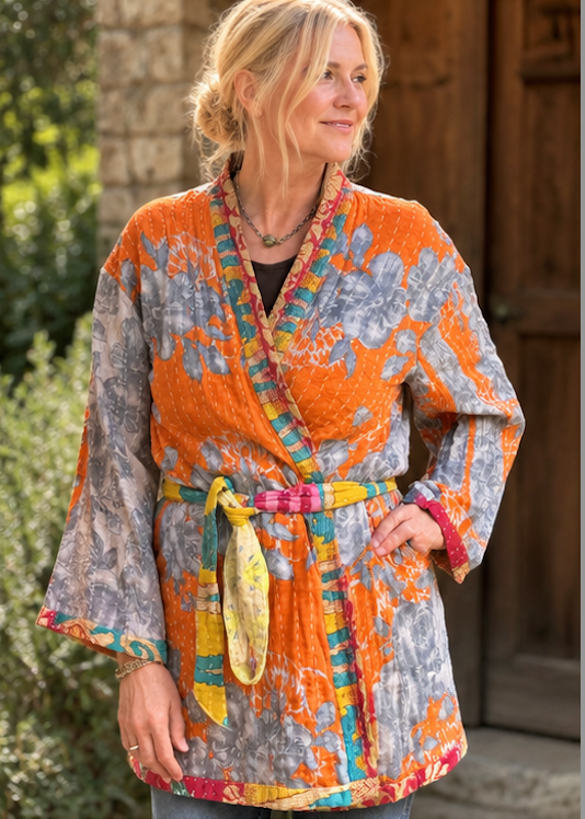 Vintage Kantha Jacket – Reversible Bohemian Robe - Orange & Grey