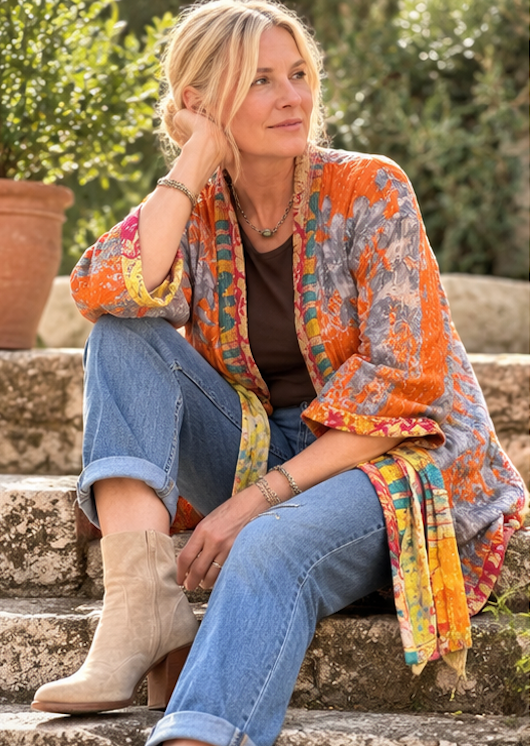 Vintage Kantha Jacket – Reversible Bohemian Robe - Orange & Grey