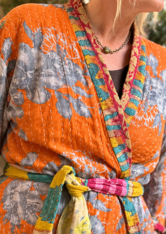 Vintage Kantha Jacket – Reversible Bohemian Robe - Orange & Grey