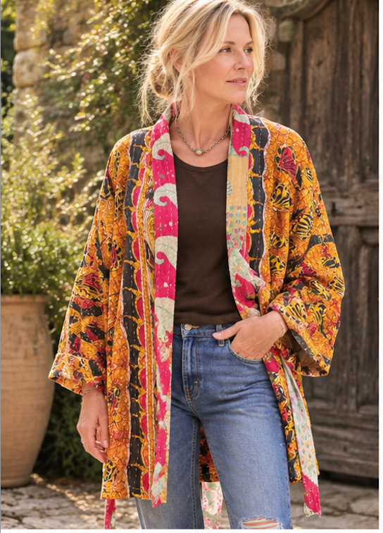 Vintage Kantha Jacket – Reversible Bohemian Robe - Yellow & Red