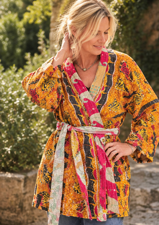 Vintage Kantha Jacket – Reversible Bohemian Robe - Yellow & Red