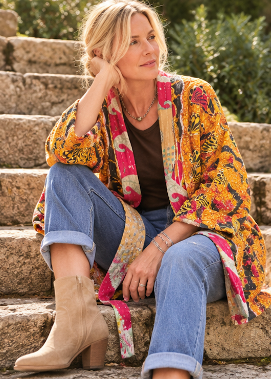 Vintage Kantha Jacket – Reversible Bohemian Robe - Yellow & Red