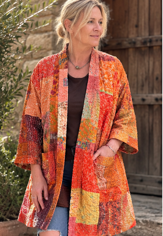 Cassidy Hand Stitched Reversible Silk Kantha Jacket - Orange