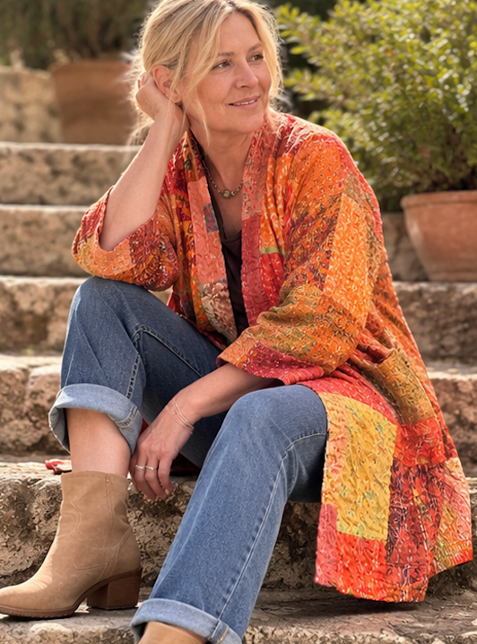 Cassidy Hand Stitched Reversible Silk Kantha Jacket - Orange