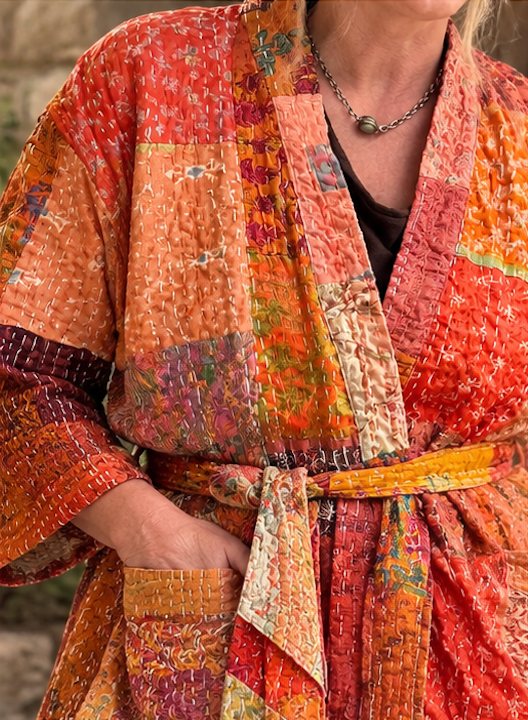 Cassidy Hand Stitched Reversible Silk Kantha Jacket - Orange