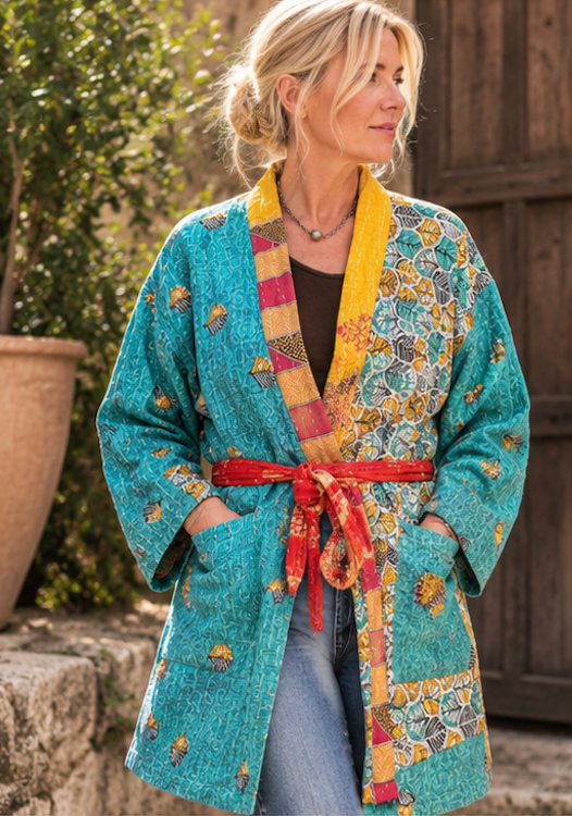 Vintage Kantha Jacket – Reversible Bohemian Robe | Turquoise