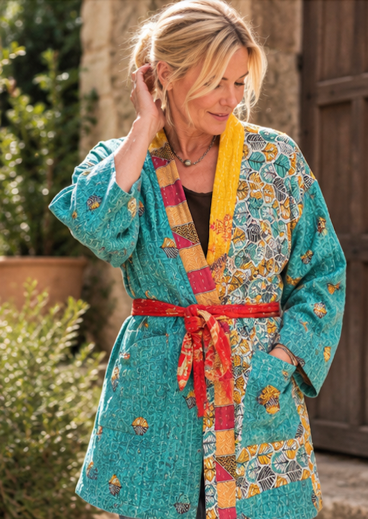 Vintage Kantha Jacket – Reversible Bohemian Robe | Turquoise