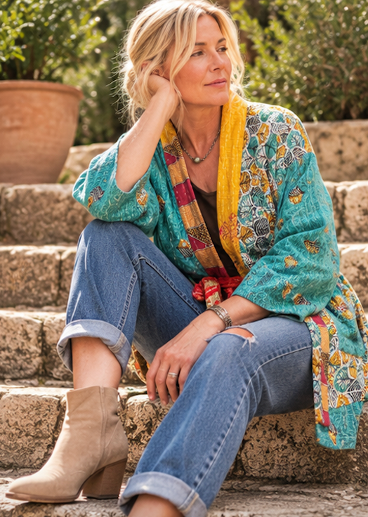Vintage Kantha Jacket – Reversible Bohemian Robe | Turquoise