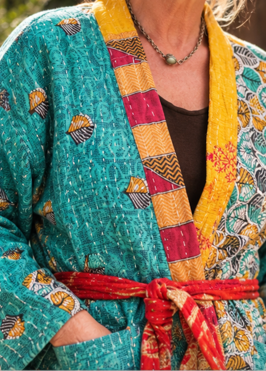 Vintage Kantha Jacket – Reversible Bohemian Robe | Turquoise